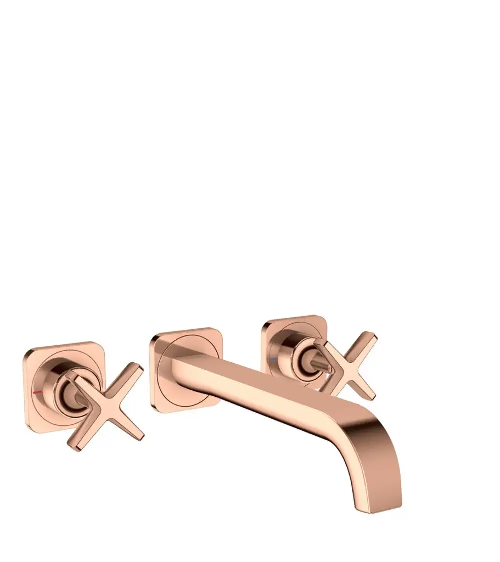 Waschtischarmatur in Roségold-Optik von AXOR mit Wandmontage, bestehend aus einem Auslauf und zwei Betätigungsgriffen in Kreuzform.